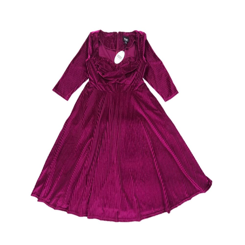 NWT Unique Vintage Merlot Striped Velvet Pleated Bust Swing Dress PinUp Girl 50s